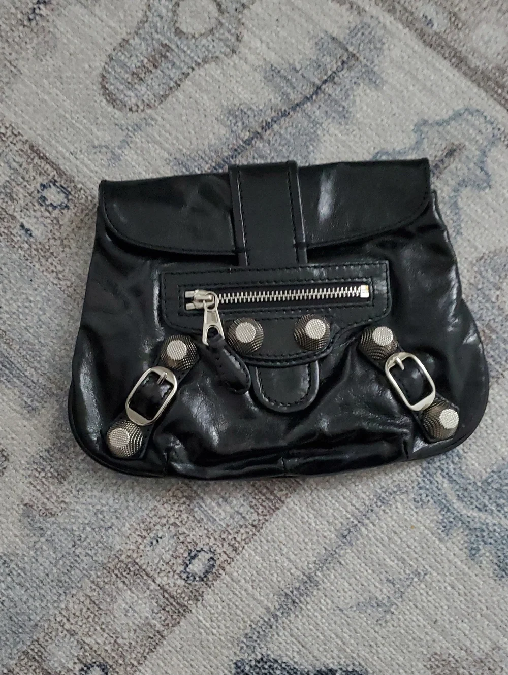 Balenciaga Shiny Black Leather and Silver Pouch Flap Clutch Bag With Mirror